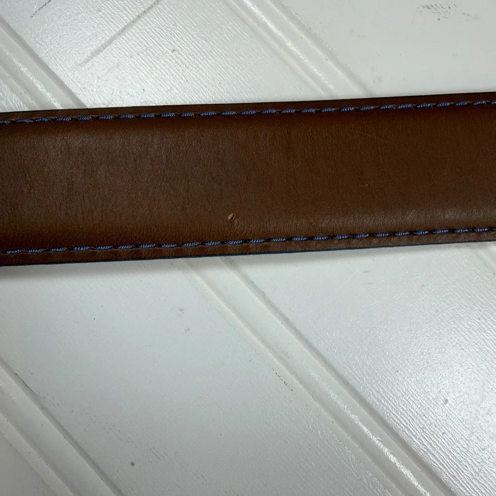 Lejon Mens Aniline Glove Leather Belt Tan Brown Blue Stitching USA Made Size 38